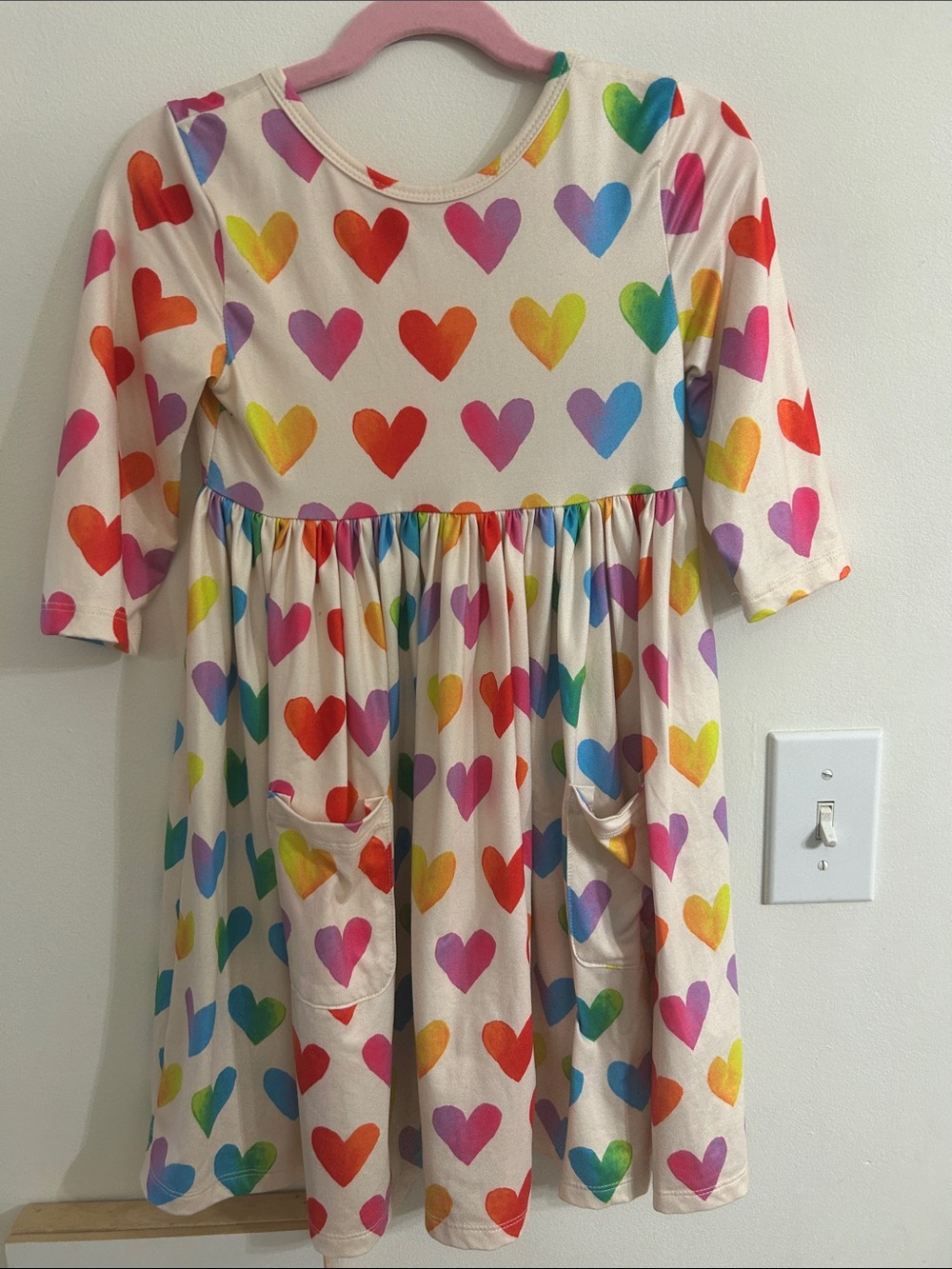 Girls' Rainbow Heart Print Cream Dress